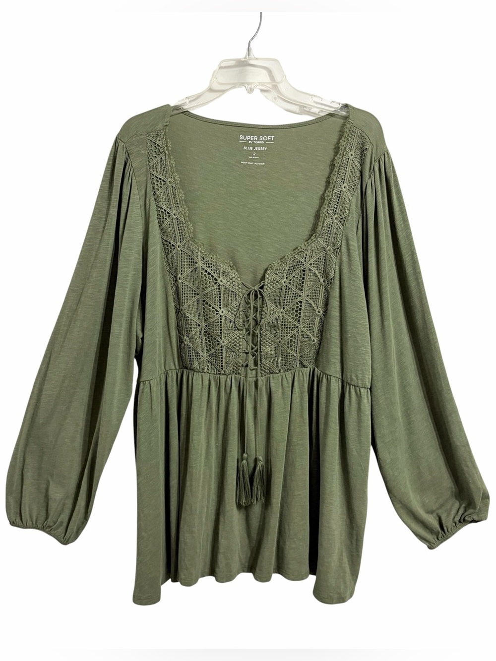 Torrid Super Soft Slub Jersey Boho Peasant Top 2X Green Embroidered Lace Up